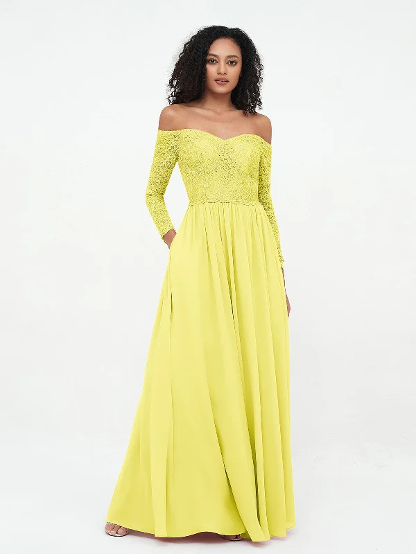 Off Shoulder Lace Top Long Sleeves Dresses-Lemon