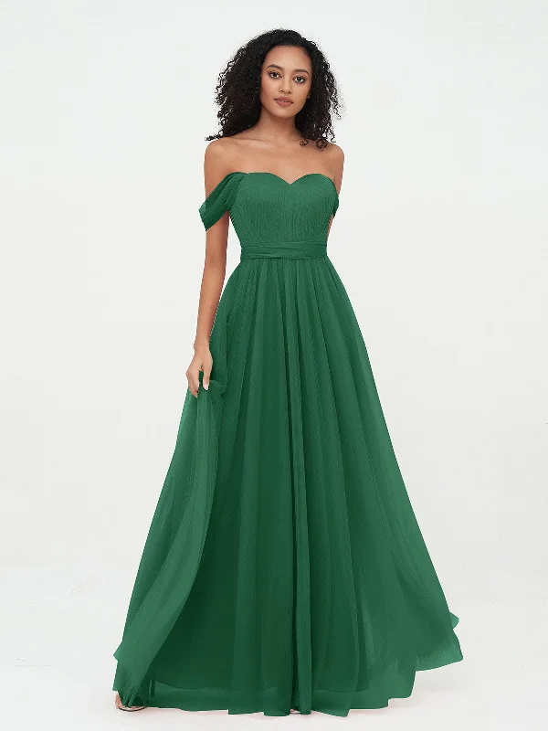 Princess Off Shoulder Tulle Dresses with Sash Bow-Dark Green