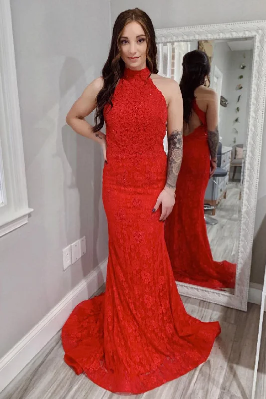 Red Lace Sheath Open Back Prom Dresses, Mermaid Evening Dresses OKJ44