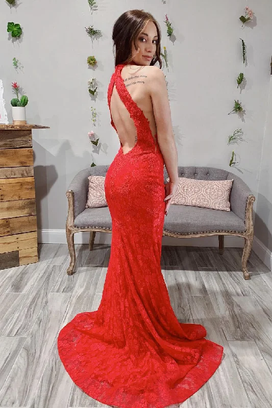 Red Lace Sheath Open Back Prom Dresses, Mermaid Evening Dresses OKJ44