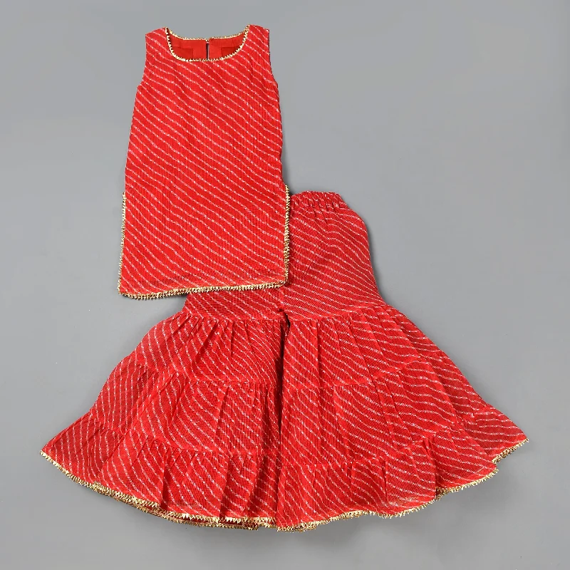 Girl's Red Leheriya Kurta Gharara Set - Rangpur