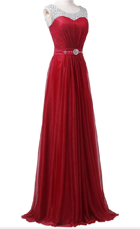 Red Long Beading Sparkly Modest A-line Floor Length Prom Dress K747