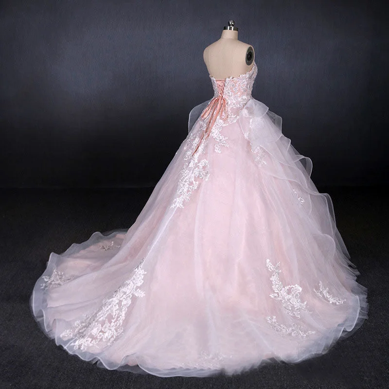 Princess Pearl Pink Ball Gown Wedding Dress Sweetheart Appliques Bridal Gown OKQ24