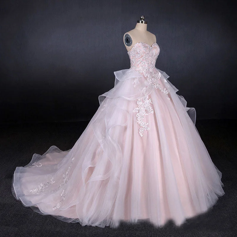 Princess Pearl Pink Ball Gown Wedding Dress Sweetheart Appliques Bridal Gown OKQ24