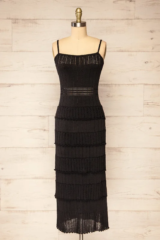 Rotherwick | Black Knit Openwork Midi Dress