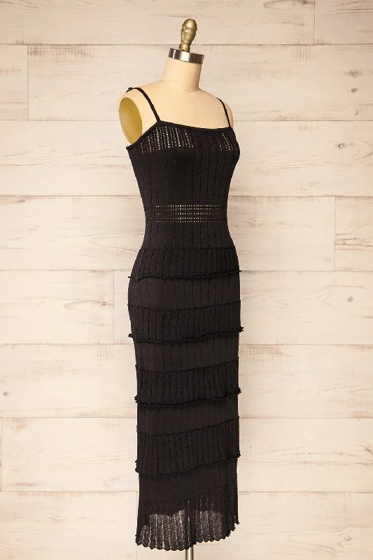 Rotherwick | Black Knit Openwork Midi Dress