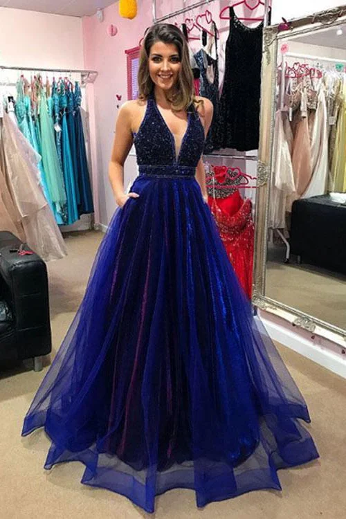 Royal Blue Beaded V Neck Long Prom Dress A Line Formal Evening Dress OKZ29