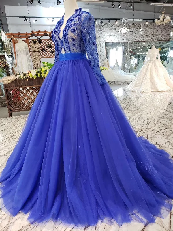 Royal Blue Tulle Long Sleeves Prom Dress, Quinceanera Dresses OKK8