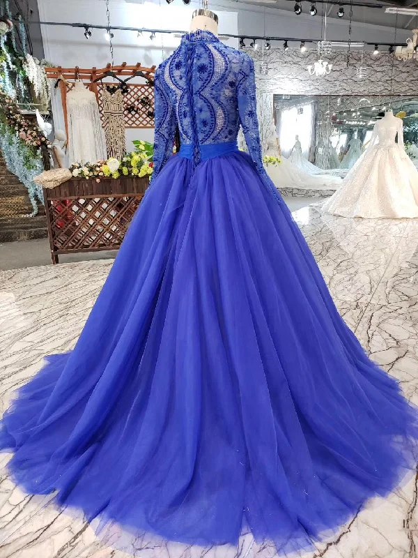 Royal Blue Tulle Long Sleeves Prom Dress, Quinceanera Dresses OKK8