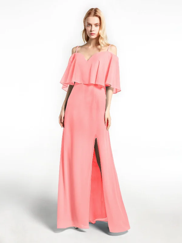 Ruffled Cold Shoulder Maxi Dress with Flounce Overlay Flamingo