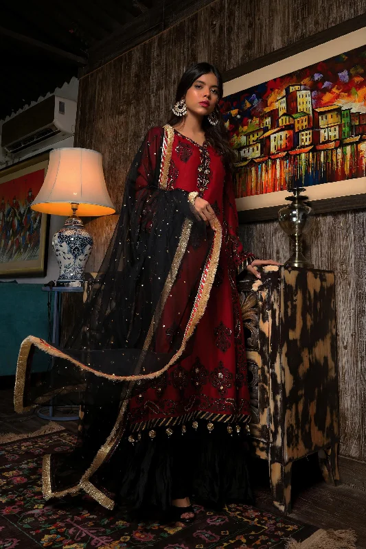 Sadia Aamir - Tarz - Black & Maroon - Block Print - 3 Piece