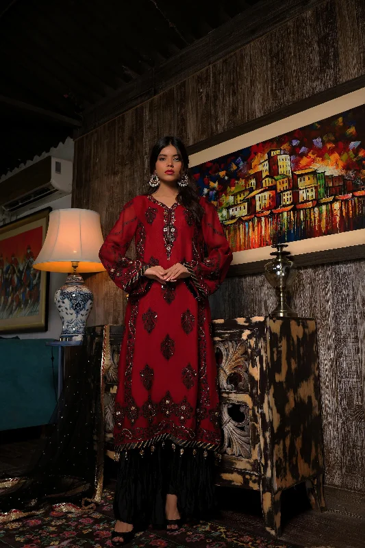 Sadia Aamir - Tarz - Black & Maroon - Block Print - 3 Piece