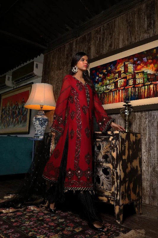 Sadia Aamir - Tarz - Black & Maroon - Block Print - 3 Piece