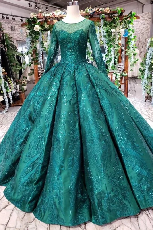 Scoop Long Sleeves Lace Up Back Green Prom Dress OKL21