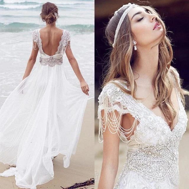 Sexy Beading A Line Chiffon V-neck Long Beach/Coast Wedding Dress,Summer Wedding Gown OK267