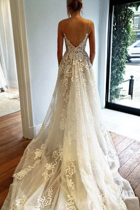 Sexy Deep V neck Lace Backless Bridal Dress,Spaghetti Straps Beach Long Wedding Dress OK242