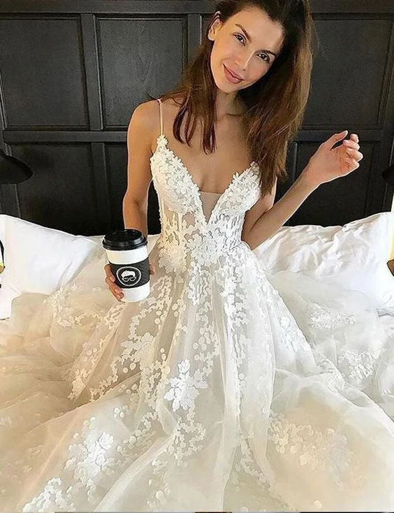 Sexy Deep V neck Lace Backless Bridal Dress,Spaghetti Straps Beach Long Wedding Dress OK242