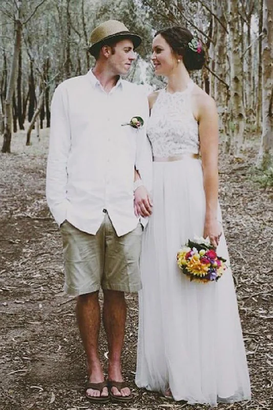 Simple Jewel Sleeveless Floor-Length Wedding Dress,Lace Top White Wedding Gown OK537