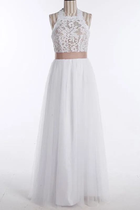 Simple Jewel Sleeveless Floor-Length Wedding Dress,Lace Top White Wedding Gown OK537