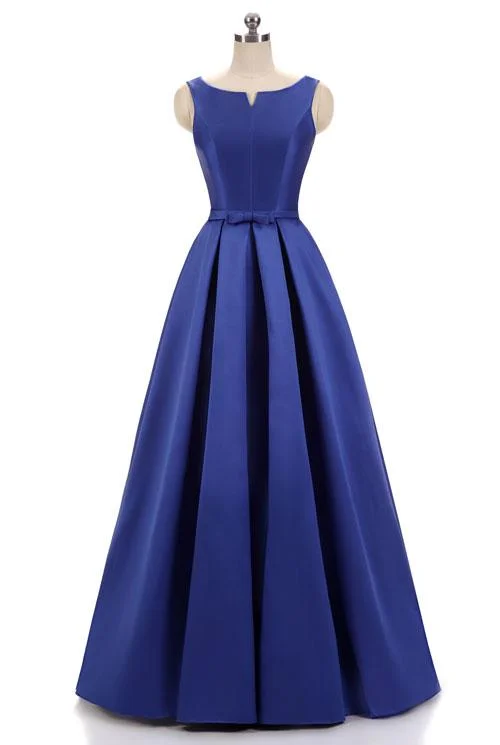 Simple Royal Blue A-line Satin Floor Length Formal Prom Dress OKV47