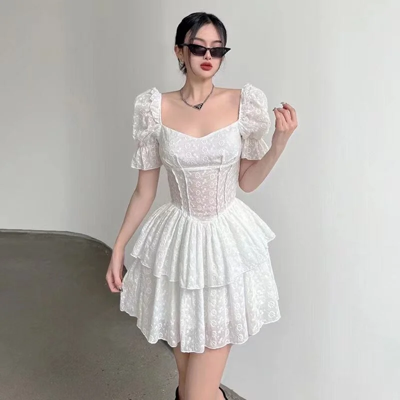 sixsr  Fashion V Neck Ruffles Pleated Dress Women Puff Sleeve Chic White Summer MINI Dress Party Hollow Out Vintage Corset Ladies