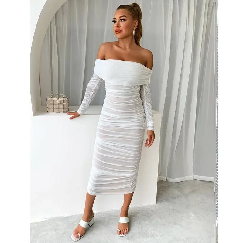 Sixsr Trends high quality Off Shoulder Ruched Double Layer Mesh Dress Women Long Sleeve Sexy Dresses Ladies Autumn Party Long Christmas Dress