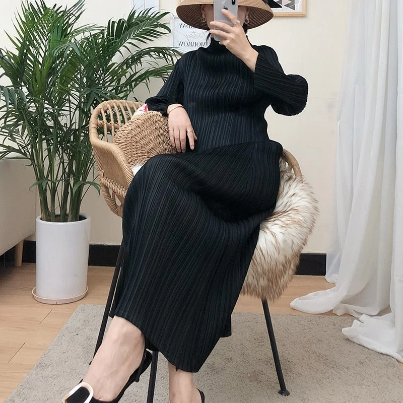 sixsr  Trends Spring Winter Miyake Pleated Women Comfortable Dress Long Sleeve High Quality Korean Style Casual Aesthetic Clothes