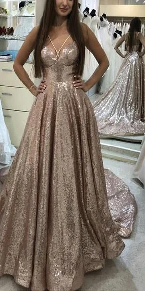 Sparkly Sequin V Neck Long Junior Prom Dress with Straps OKI27