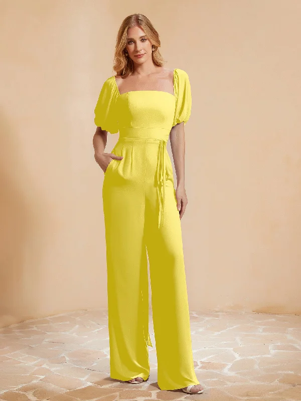 Square Neckline Half Sleeves Jumpsuit Lemon