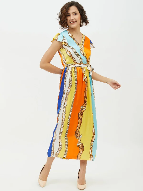 Women's Satin Chain Print Long Dress - StyleStone