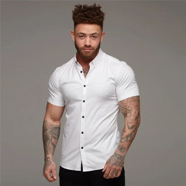 Summer Fashion Short Sleeve Shirt Men Solid Super Slim Fit Male Social Business Dress Shirt Brand Men Gym Fitness Sport Clothing