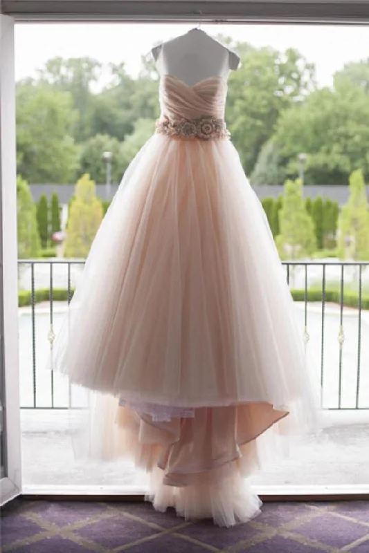 Sweetheart Strapless Flowers Beading Pleated Blush Pink Wedding Dresses With Court Train OK554