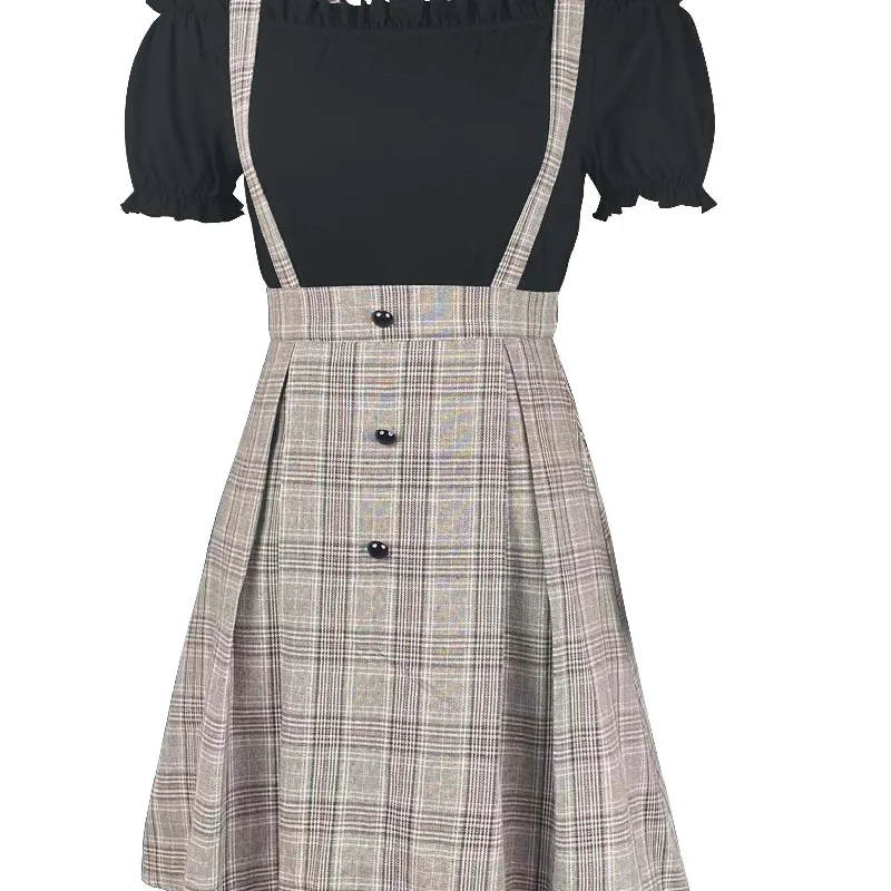 two-piece Plaid Print Suspender Skirt and Mini Dress Set - Elegant Women's Outfit for Daily Wear