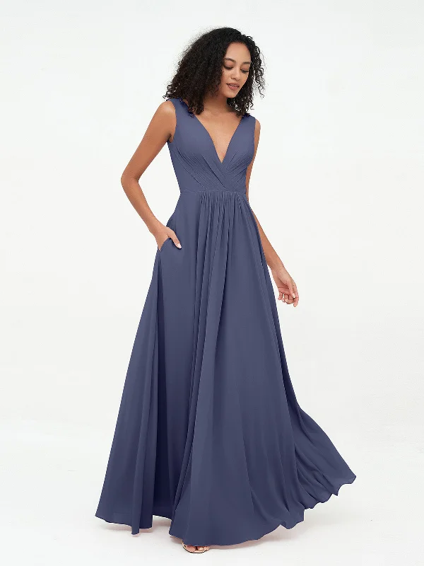 V-neck Chiffon Long Dresses with Pocktes-Stormy