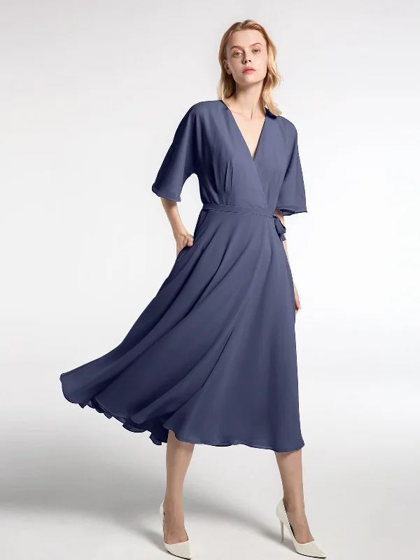 V-neck Half Sleeves Tea Length Chiffon Dress-Stormy