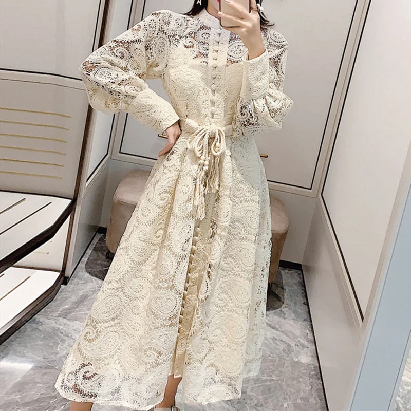 Wavsiyier Midi Dress Luxury Elegant A-Line Party Belt Hollow Out Lace Embroidery Dresses Women Spring Long Sleeve Vintage