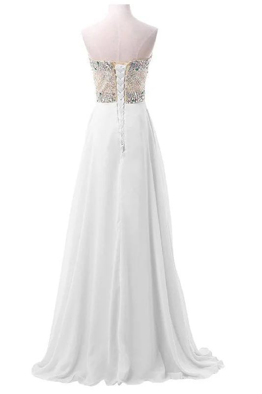 White Chiffon Sweetheart Beaded Long Prom Evening Dresses