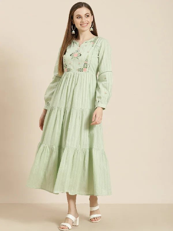 Women's  Sagegreen Cotton Dobby Embroidered Tiered Dress - Juniper