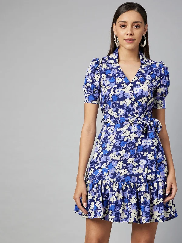 Women's Blue Overlap Floral Polyester Dress - Stylestone