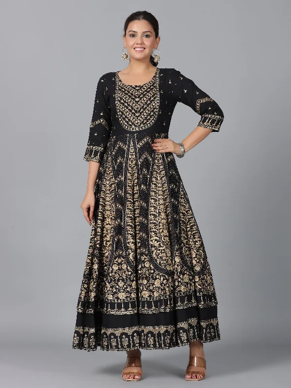 Women's Black Rayon Printed Anarkali Dress - Juniper