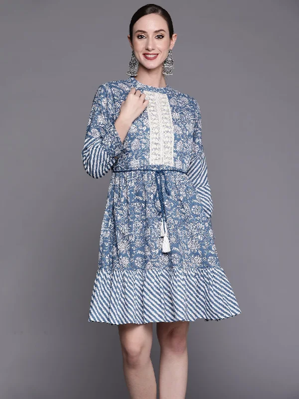 Women's Blue Printed A-Line Ethnic Dress - Indo Era