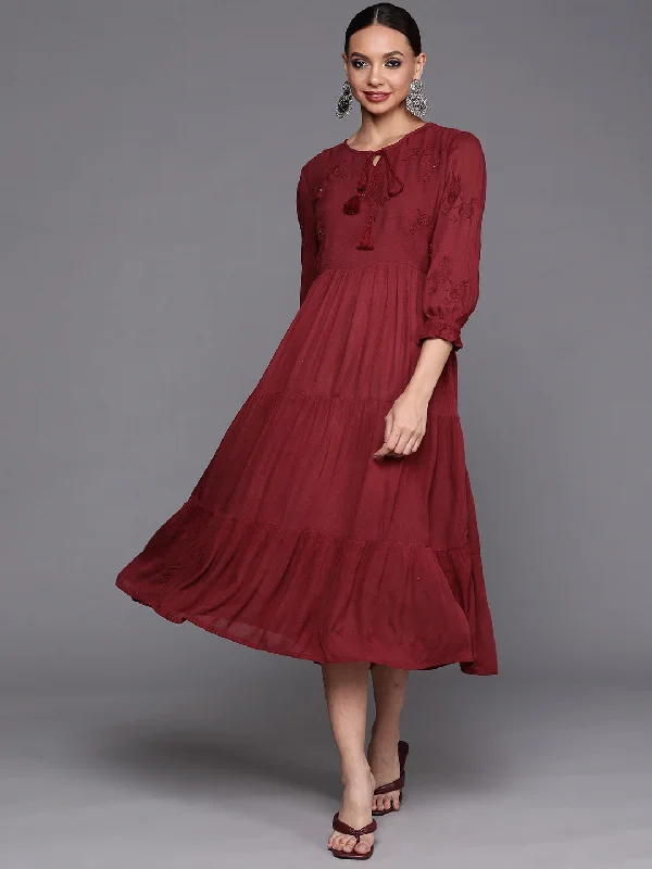 Women's Maroon Solid A-Line Dress - Indo Era