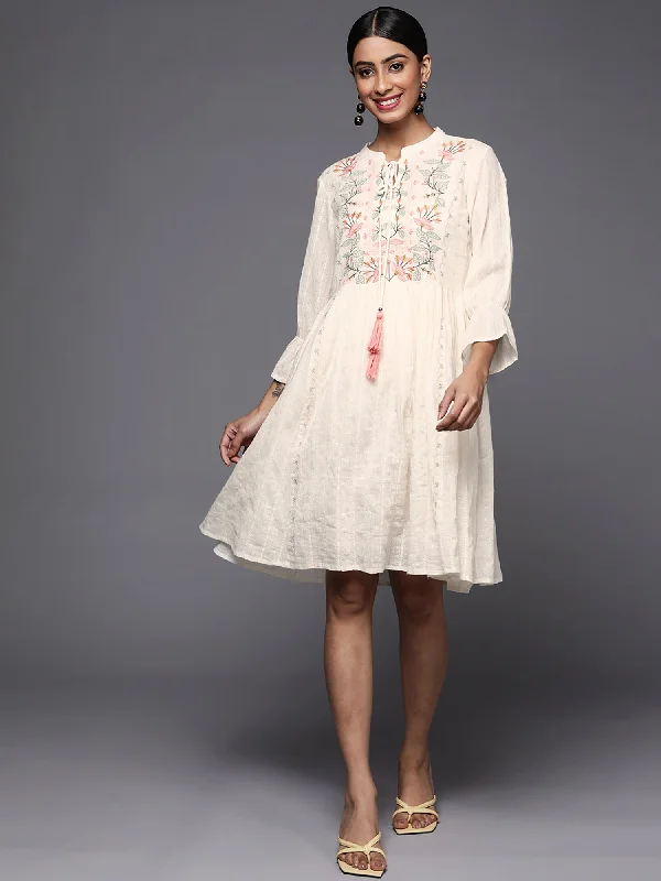 Women's White Embroidered A-Line Ethnic Dress - Indo Era