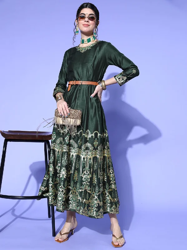 Women's Green Foil Printed A-Line Dress - Indo Era