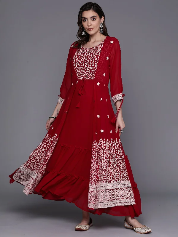 Women's Red Embroidered A-Line Ethnic Dress - Indo Era