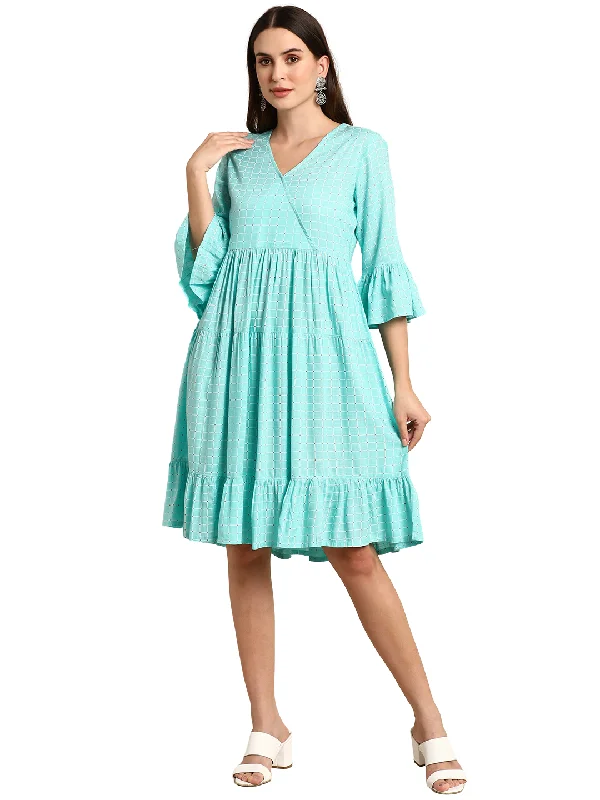 Women's Turquoise Rayon Checkered Flared Western Dress - Manohara