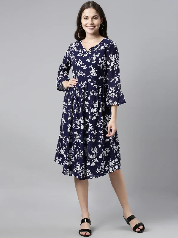 Women's Dark Blue Chiffon Floral Printed Dress  - Ahika