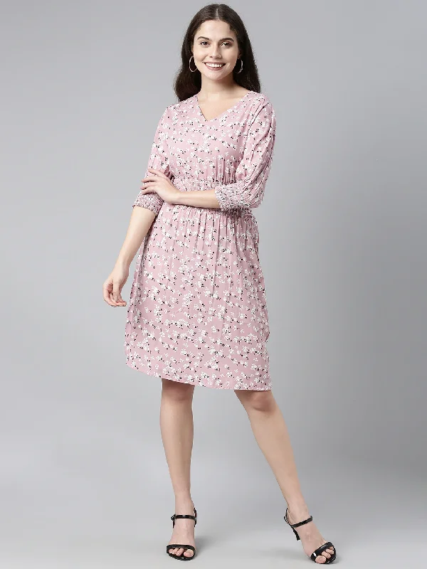 Women's Pink Crepe Floral Printed Dress  - Ahika