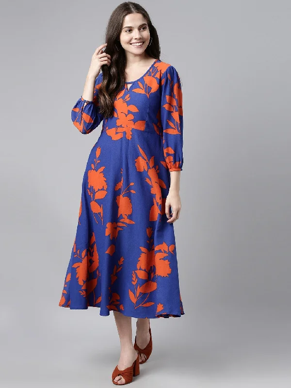 Women's Blue Georgette Floral Printed Dress  - Ahika