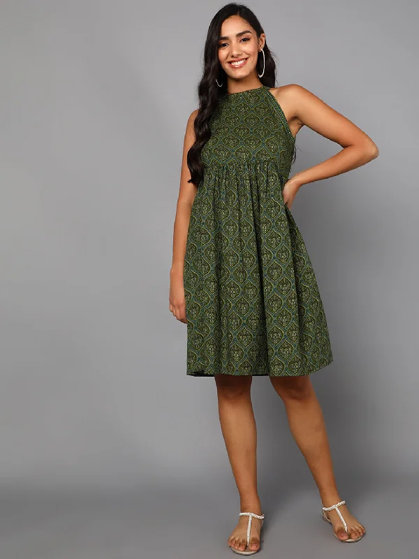 Women's Green Cotton Ethnic Motifs Printed Dress  - Ahika